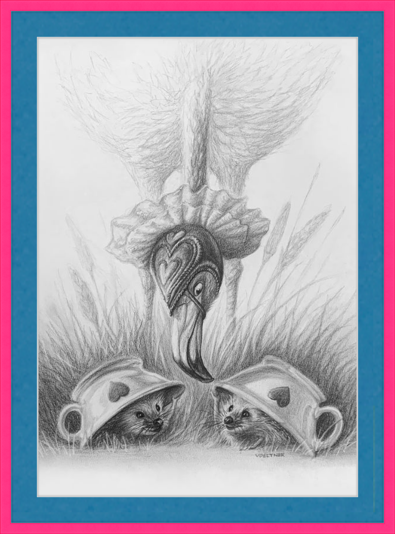 Flamingo and Hedgehogs (Drawing) Art Print