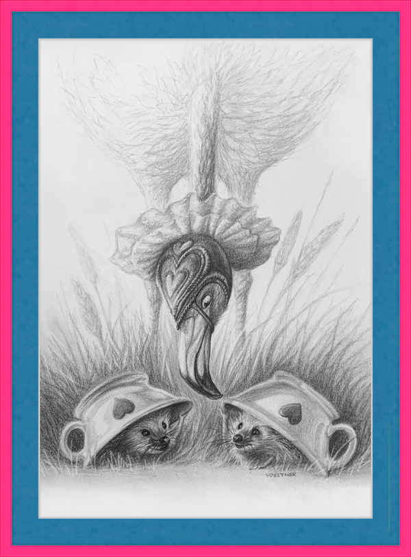 Flamingo and Hedgehogs (Drawing) Art Print