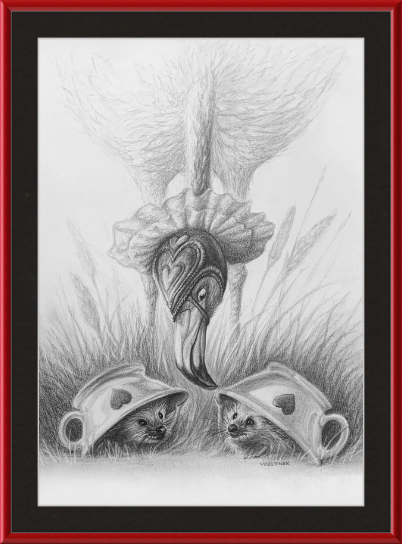 Flamingo and Hedgehogs (Drawing) Art Print