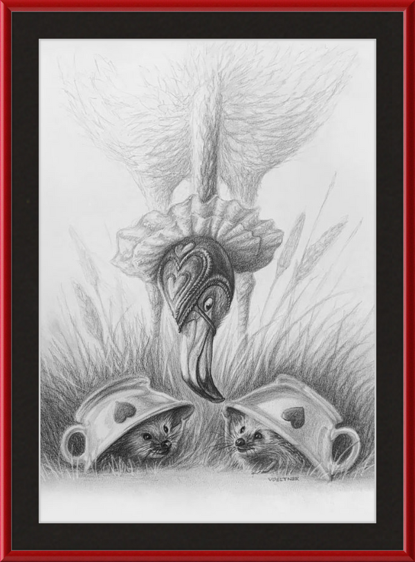 Flamingo and Hedgehogs (Drawing) Art Print