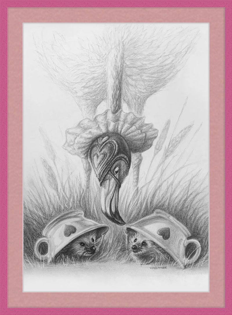 Flamingo and Hedgehogs (Drawing) Art Print