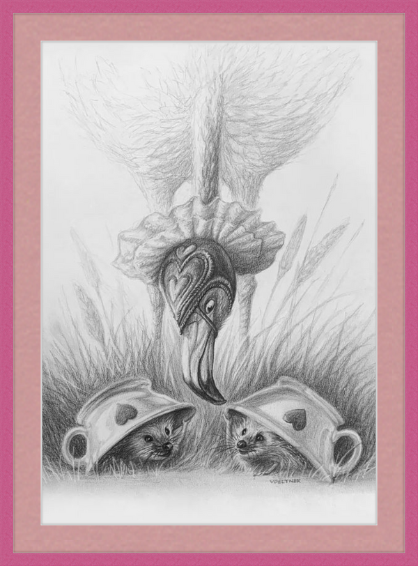 Flamingo and Hedgehogs (Drawing) Art Print