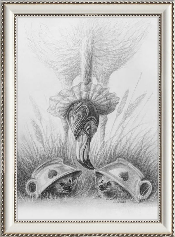 Flamingo and Hedgehogs (Drawing) Art Print