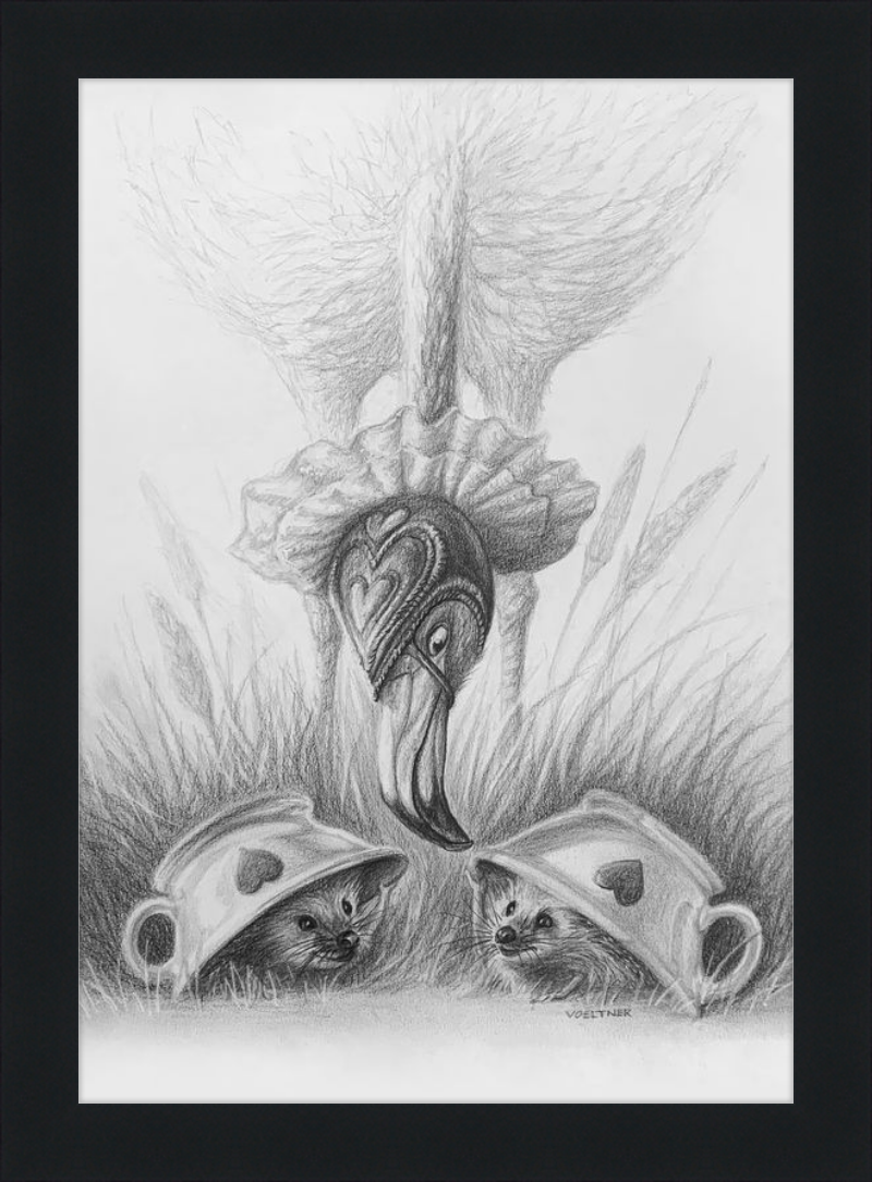 Flamingo and Hedgehogs (Drawing) Art Print
