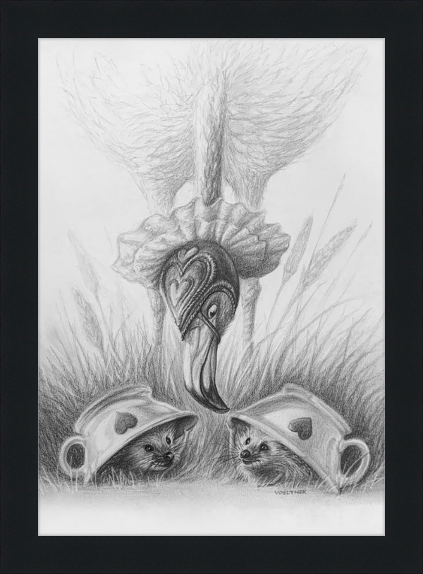 Flamingo and Hedgehogs (Drawing) Art Print