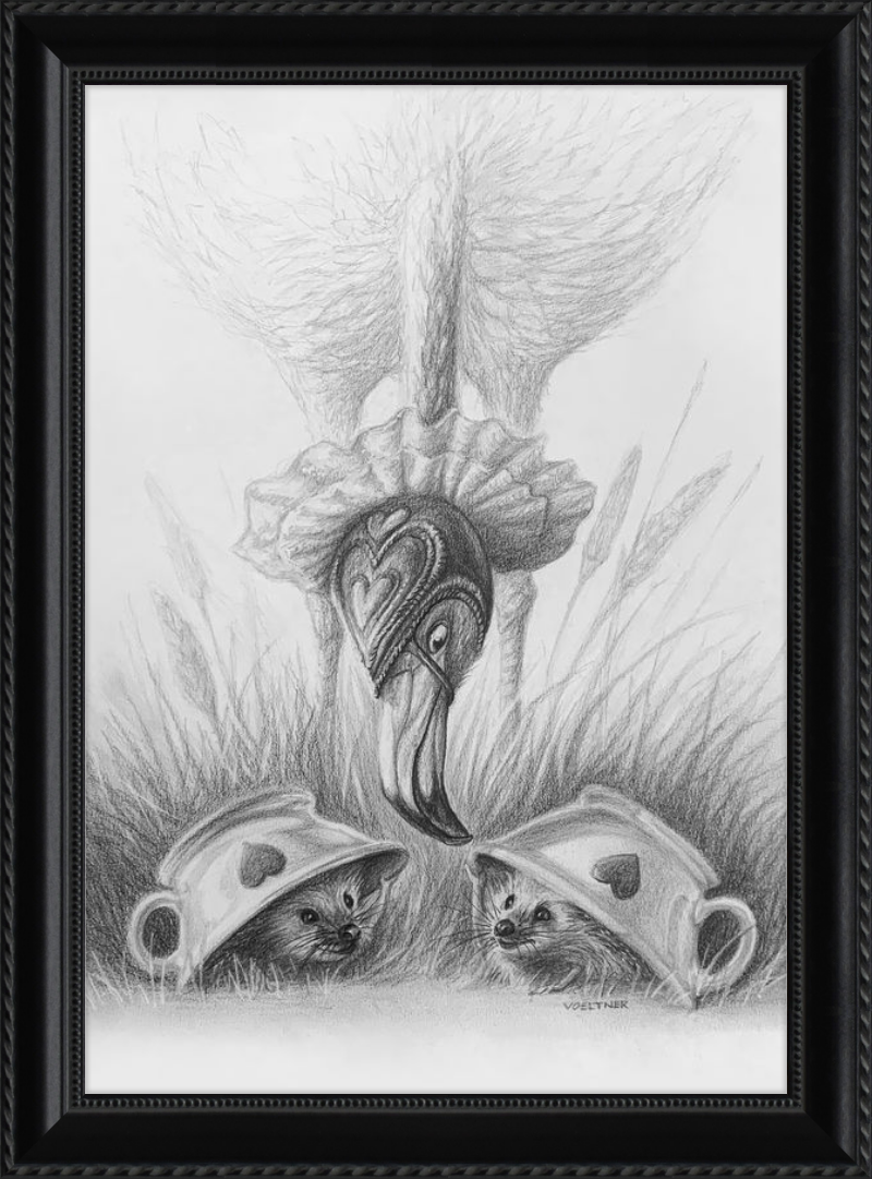 Flamingo and Hedgehogs (Drawing) Art Print