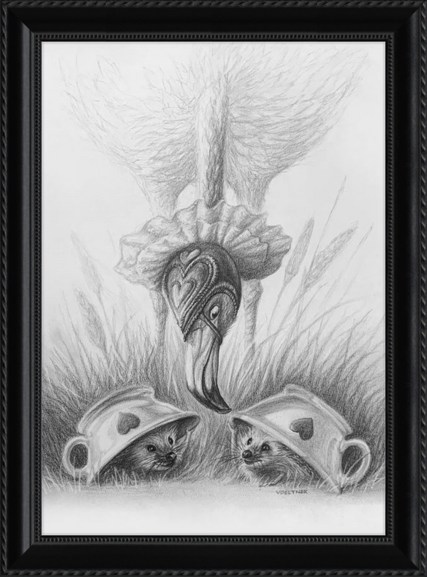 Flamingo and Hedgehogs (Drawing) Art Print