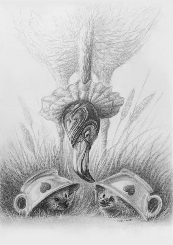 Flamingo and Hedgehogs (Drawing) Art Print