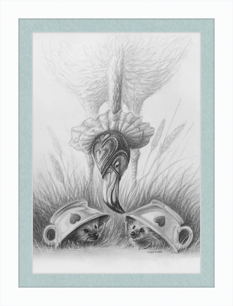 Flamingo and Hedgehogs (Drawing) Art Print