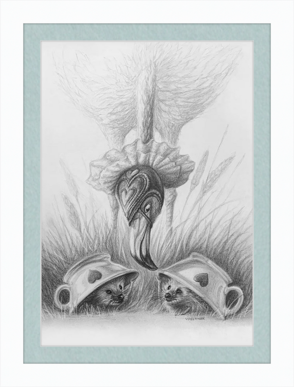 Flamingo and Hedgehogs (Drawing) Art Print