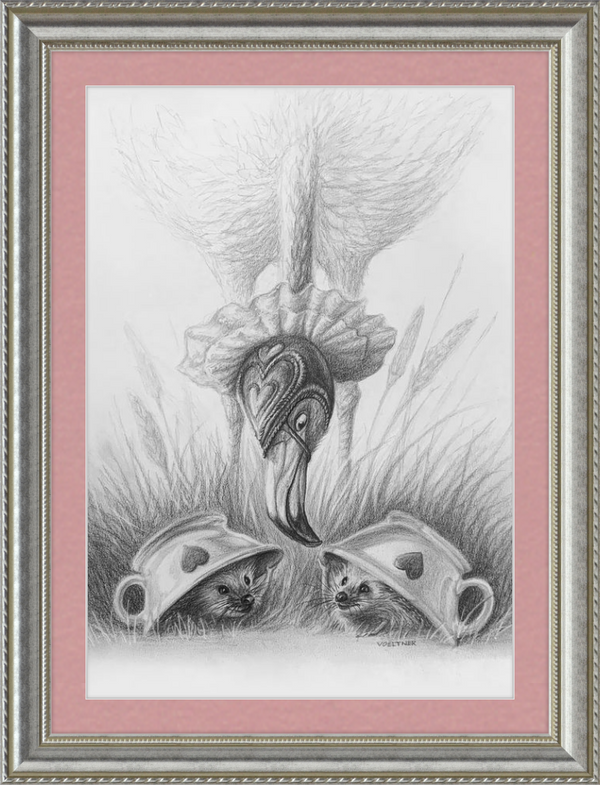 Flamingo and Hedgehogs (Drawing) Art Print