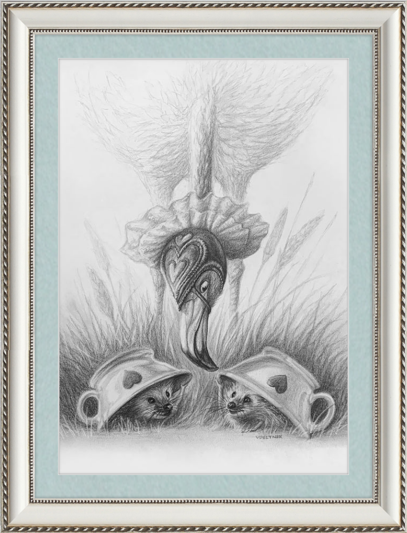 Flamingo and Hedgehogs (Drawing) Art Print