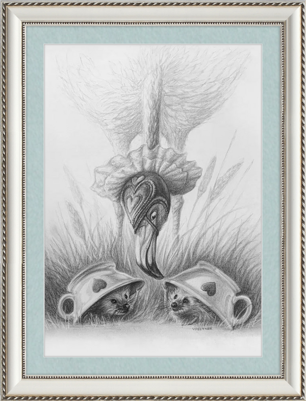 Flamingo and Hedgehogs (Drawing) Art Print