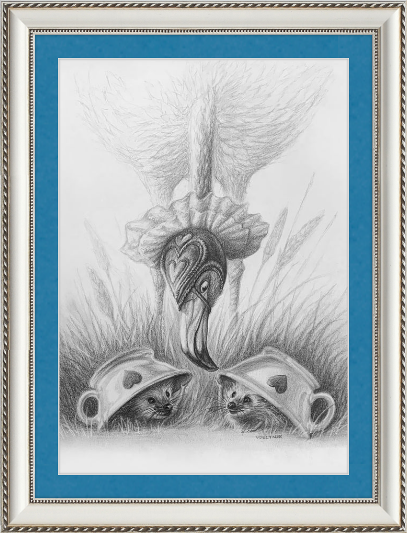 Flamingo and Hedgehogs (Drawing) Art Print