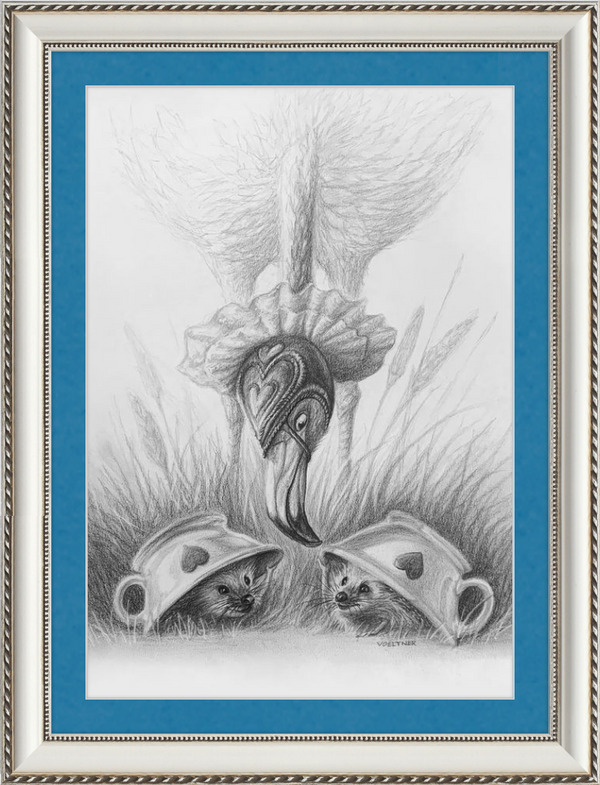 Flamingo and Hedgehogs (Drawing) Art Print