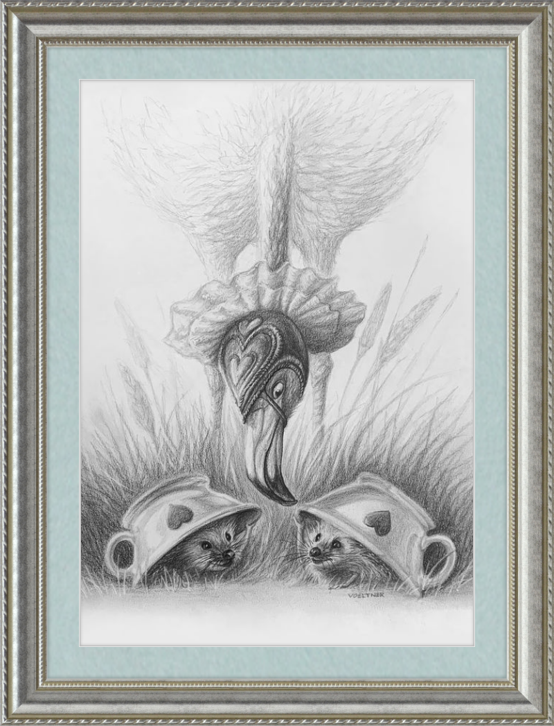 Flamingo and Hedgehogs (Drawing) Art Print