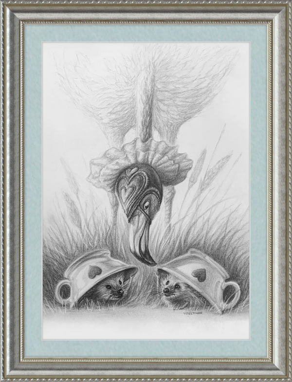 Flamingo and Hedgehogs (Drawing) Art Print
