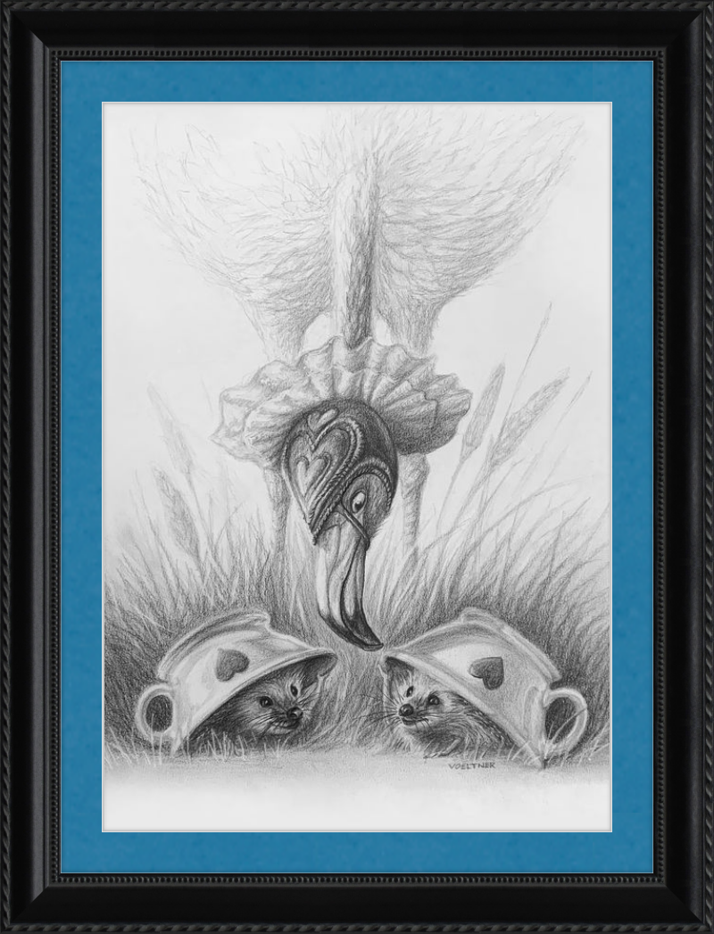 Flamingo and Hedgehogs (Drawing) Art Print