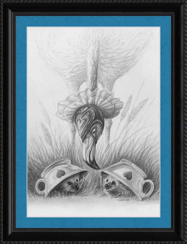 Flamingo and Hedgehogs (Drawing) Art Print