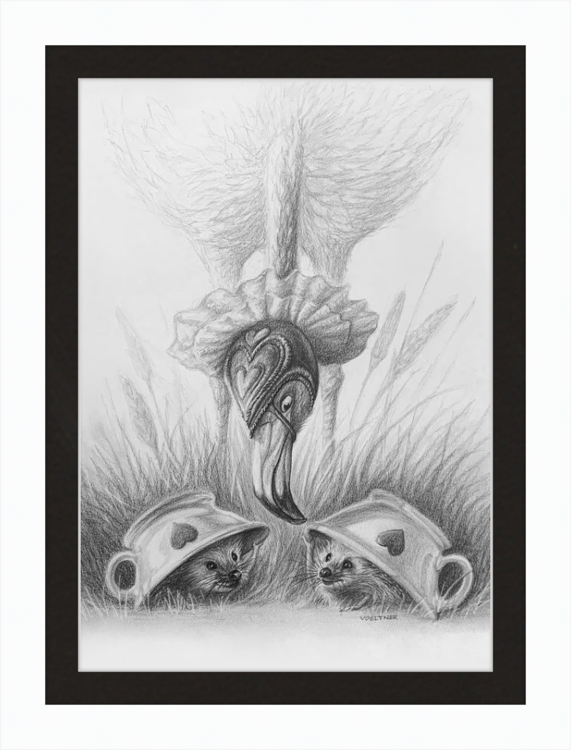 Flamingo and Hedgehogs (Drawing) Art Print