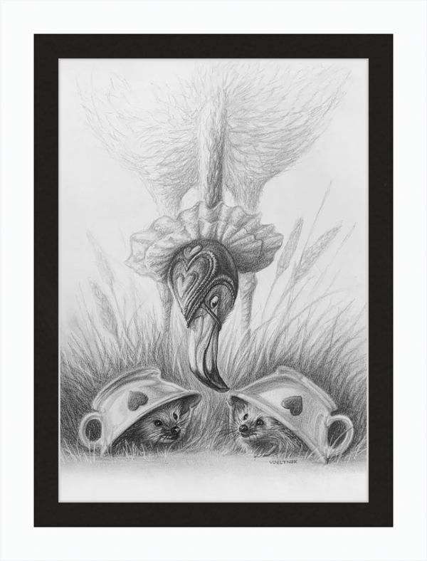 Flamingo and Hedgehogs (Drawing) Art Print