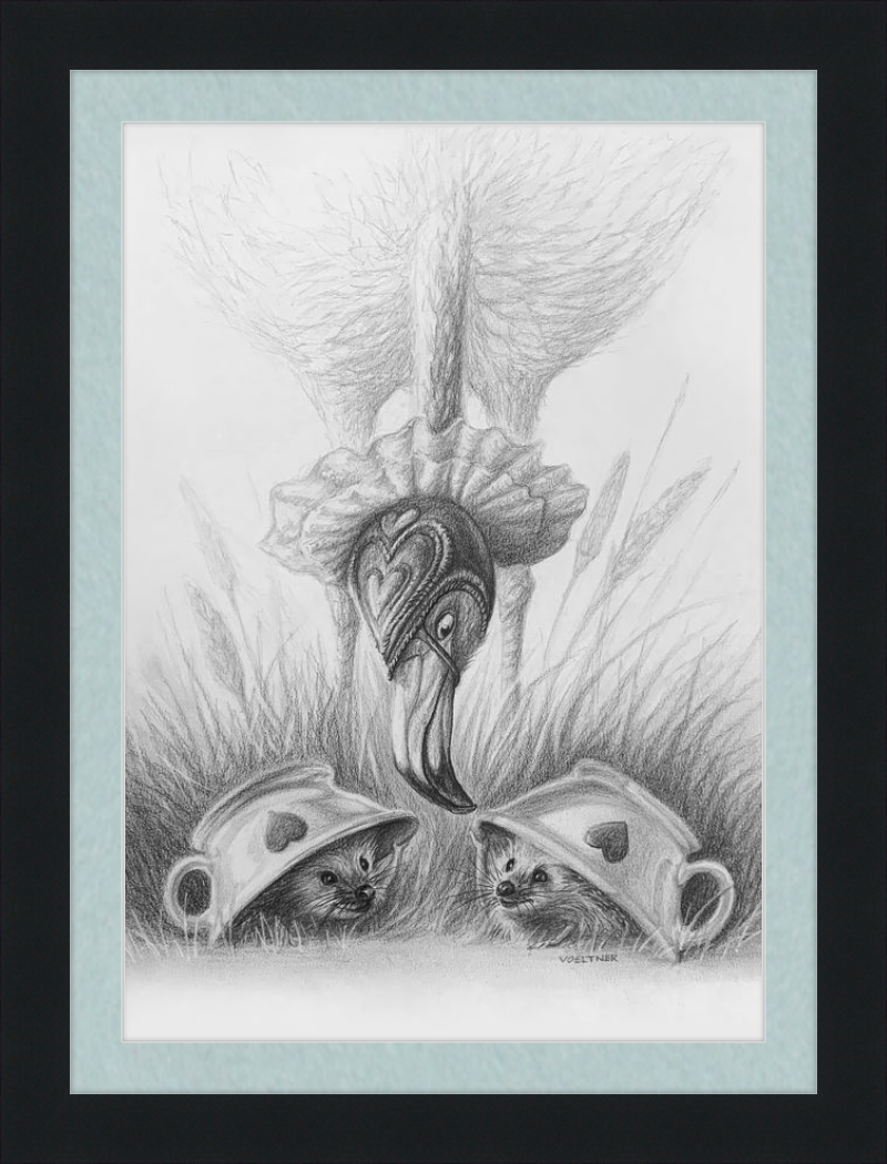 Flamingo and Hedgehogs (Drawing) Art Print