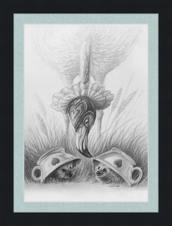 Flamingo and Hedgehogs (Drawing) Art Print