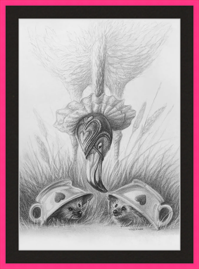 Flamingo and Hedgehogs (Drawing) Art Print