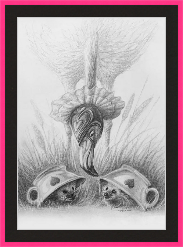Flamingo and Hedgehogs (Drawing) Art Print