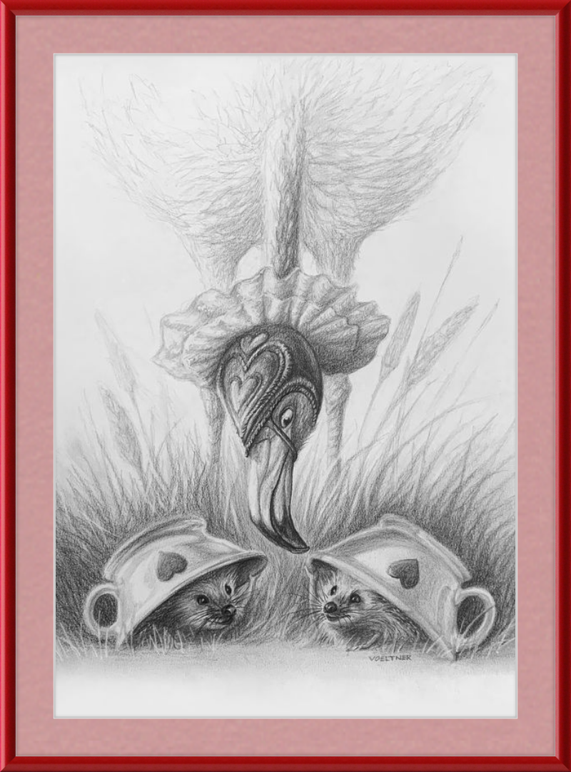 Flamingo and Hedgehogs (Drawing) Art Print