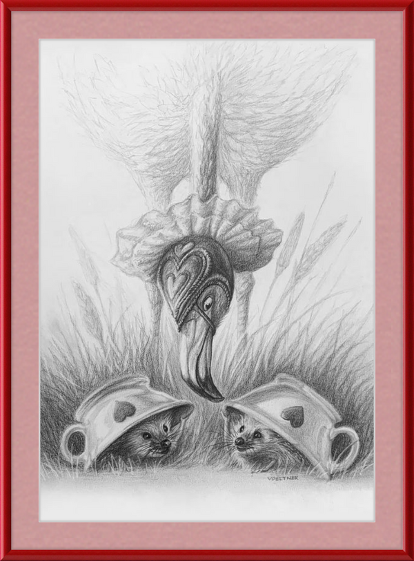 Flamingo and Hedgehogs (Drawing) Art Print