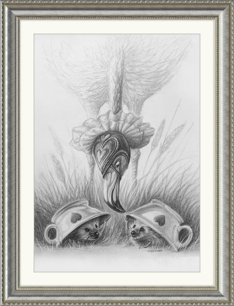 Flamingo and Hedgehogs (Drawing) Art Print