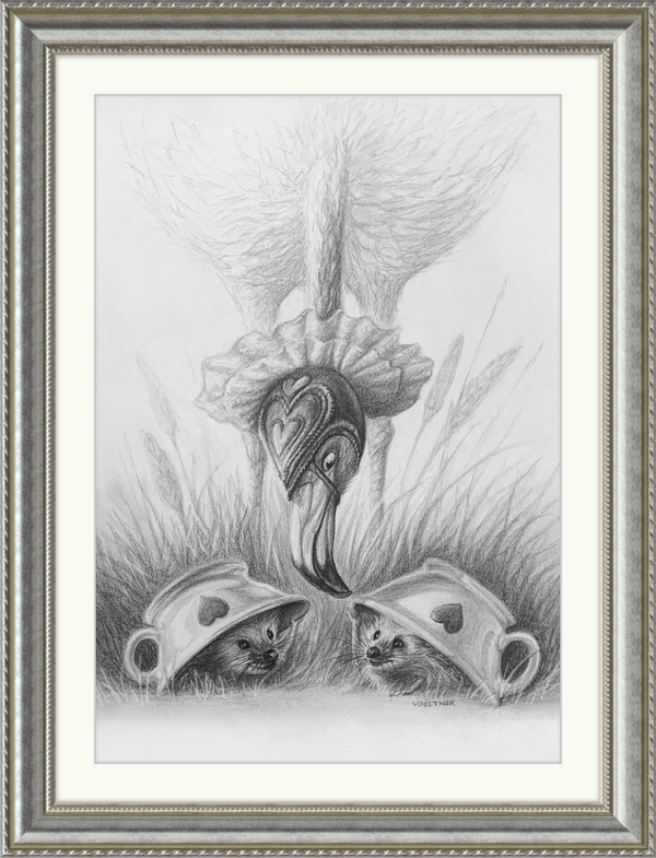 Flamingo and Hedgehogs (Drawing) Art Print