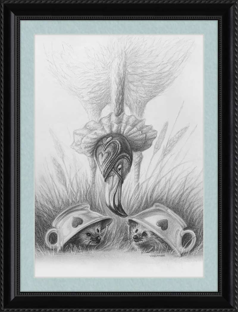 Flamingo and Hedgehogs (Drawing) Art Print