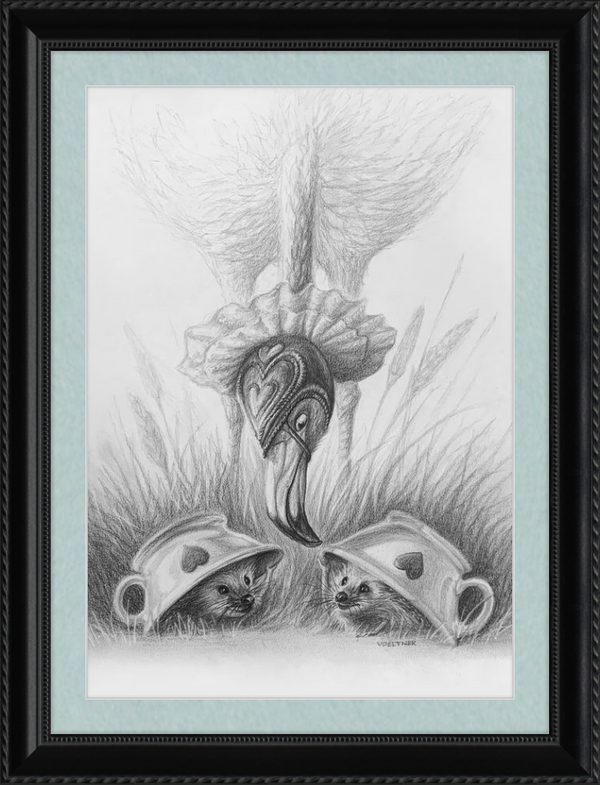 Flamingo and Hedgehogs (Drawing) Art Print