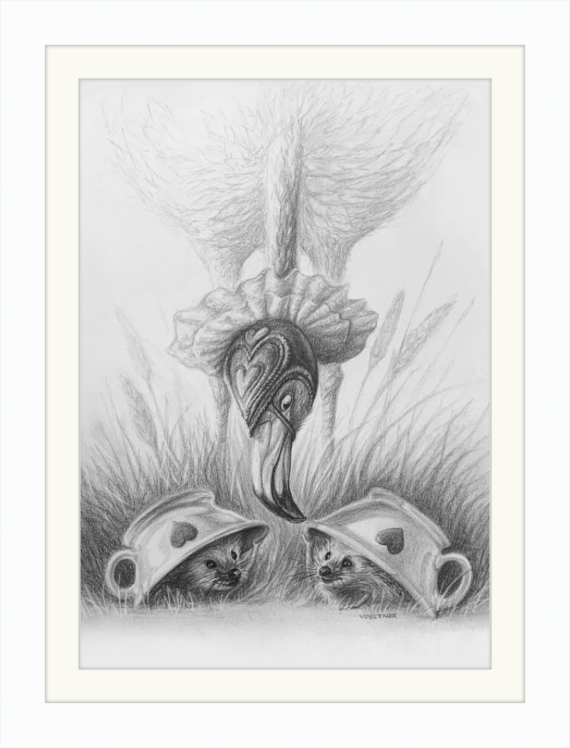 Flamingo and Hedgehogs (Drawing) Art Print
