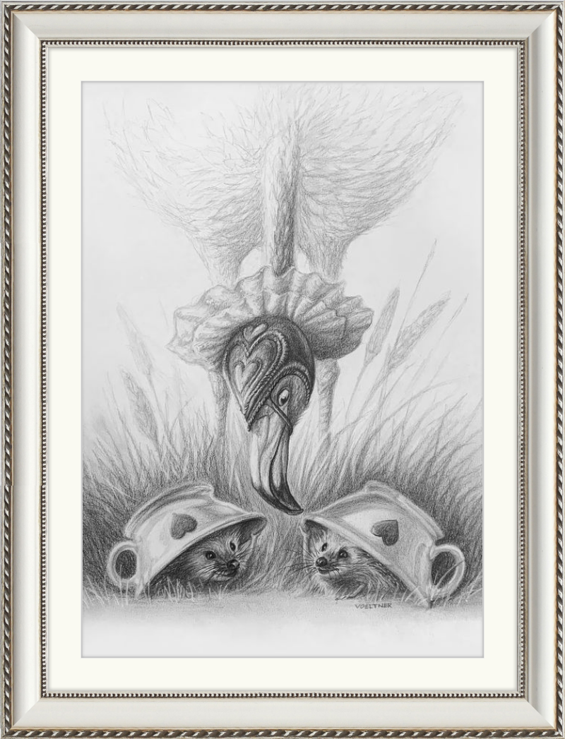 Flamingo and Hedgehogs (Drawing) Art Print