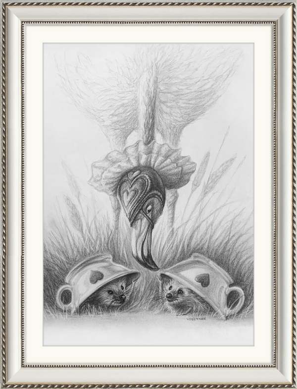 Flamingo and Hedgehogs (Drawing) Art Print