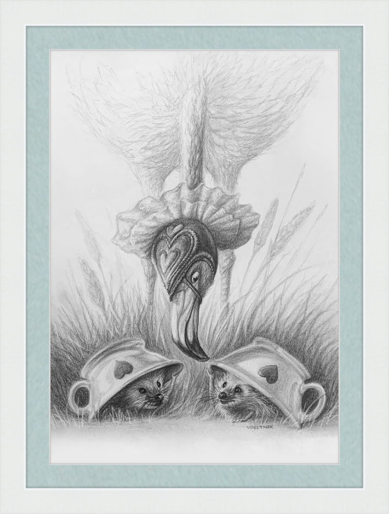 Flamingo and Hedgehogs (Drawing) Art Print