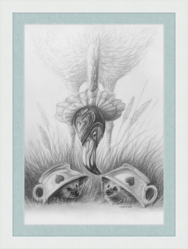 Flamingo and Hedgehogs (Drawing) Art Print