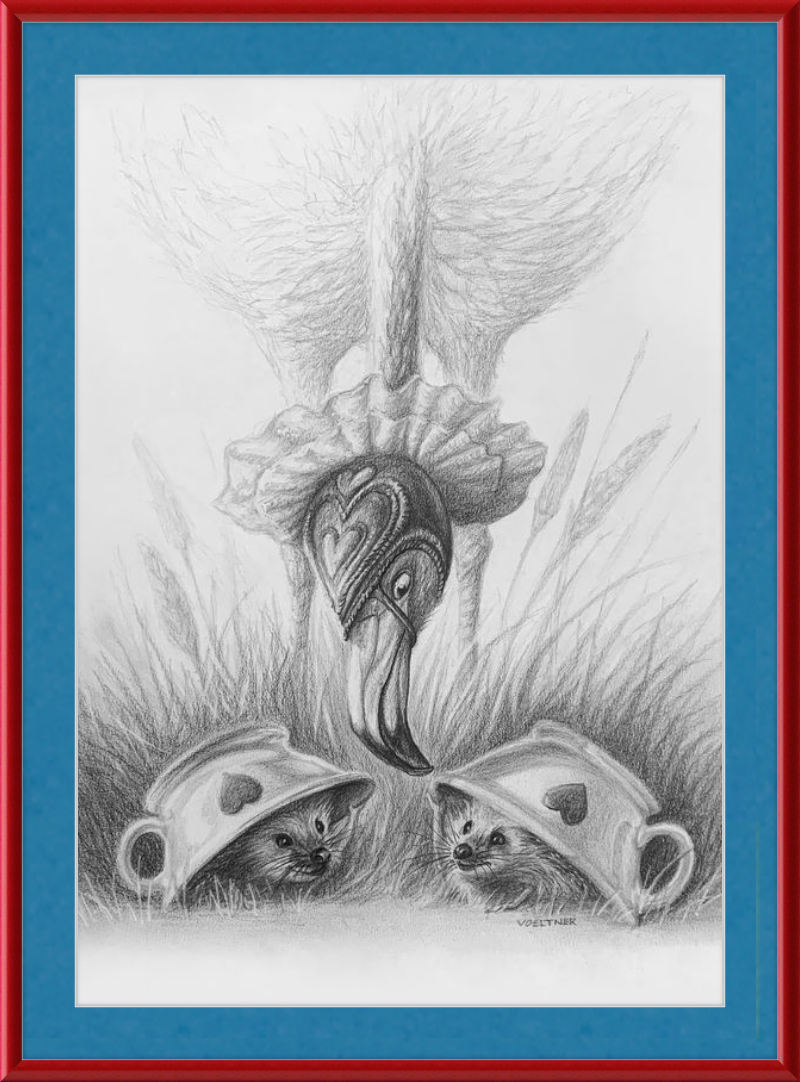 Flamingo and Hedgehogs (Drawing) Art Print