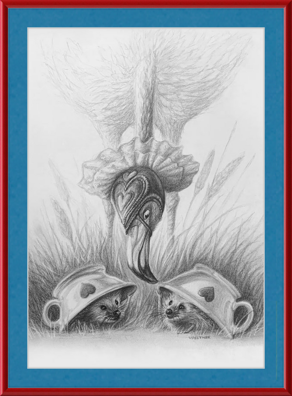 Flamingo and Hedgehogs (Drawing) Art Print