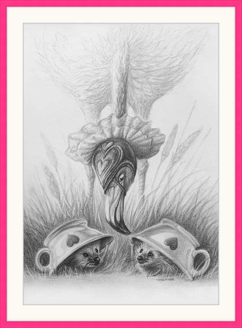 Flamingo and Hedgehogs (Drawing) Art Print