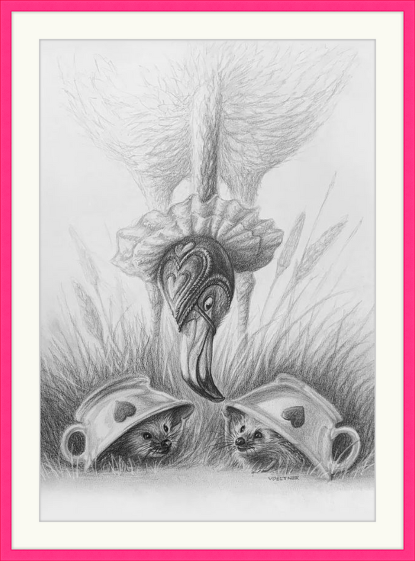Flamingo and Hedgehogs (Drawing) Art Print