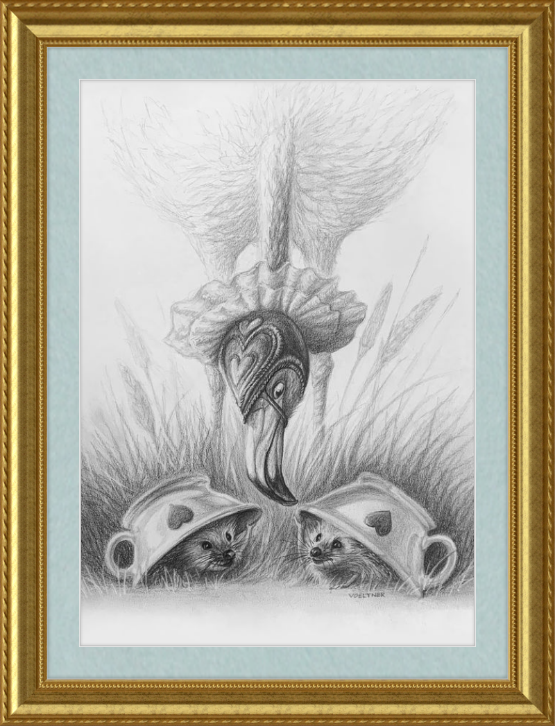 Flamingo and Hedgehogs (Drawing) Art Print