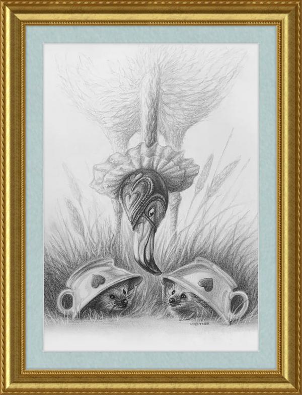 Flamingo and Hedgehogs (Drawing) Art Print