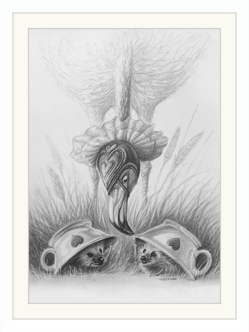 Flamingo and Hedgehogs (Drawing) Art Print