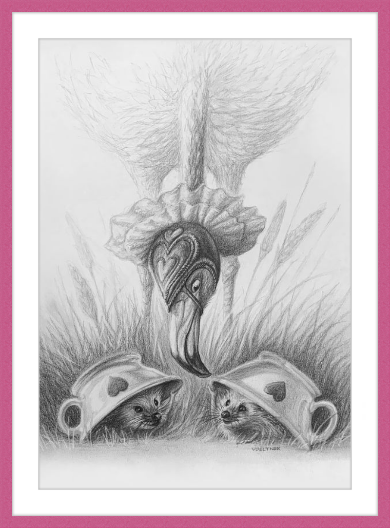 Flamingo and Hedgehogs (Drawing) Art Print