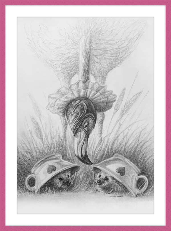 Flamingo and Hedgehogs (Drawing) Art Print