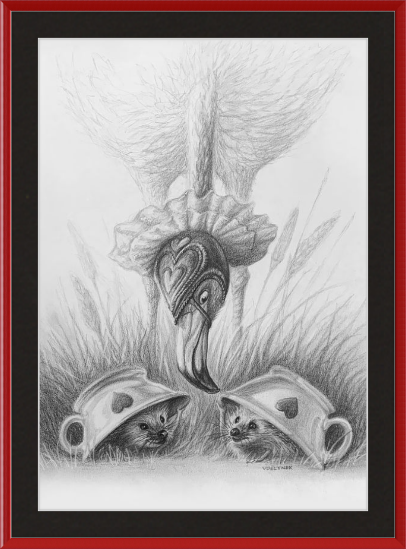 Flamingo and Hedgehogs (Drawing) Art Print